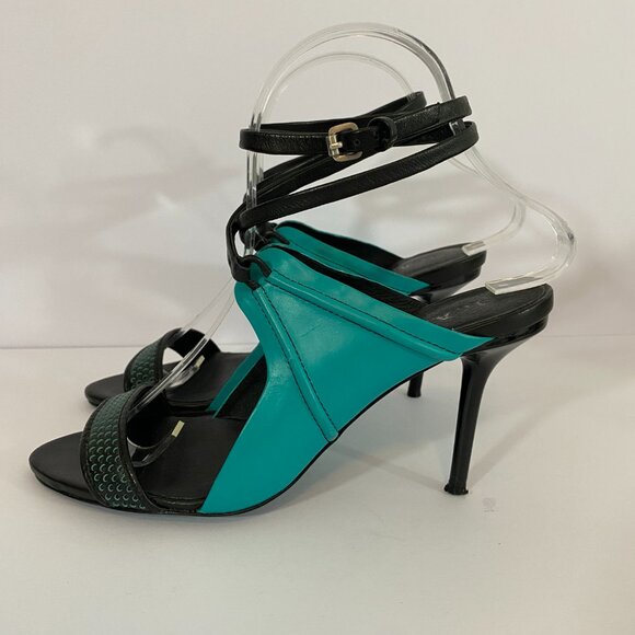 L.A.M.B. Bambi Pumps Teal Black Leather Heels 6.5 Ankle Strap - Picture 7 of 11
